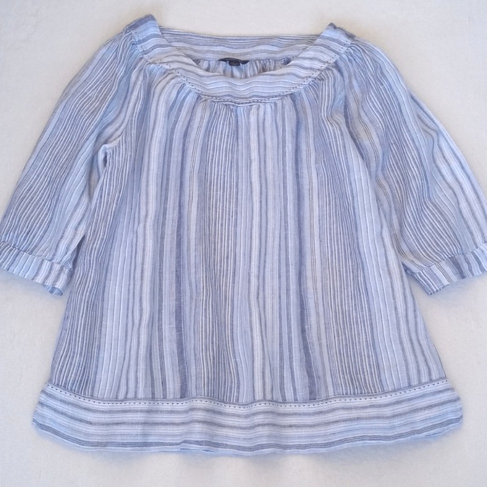 Lands End Women's 100% Linen Striped Blue 3/4 Sleeve Top Blouse 16W-18W